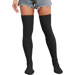 Women's Cable Knitted Thigh High Boot Socks Extra Long Over Knee Black and White
